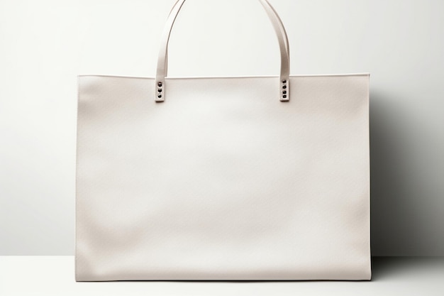 a white leather bag with a handle that says quot handbag quot