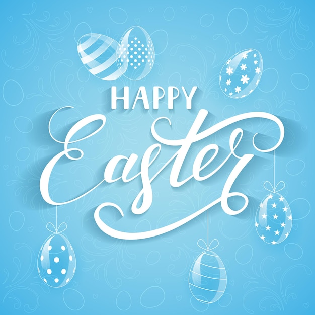 White lettering Happy Easter with decorative eggs on blue background, illustration.