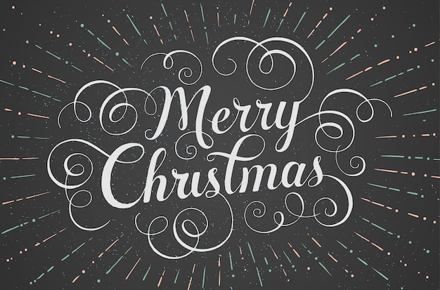 White lettering Merry Christmas greeting card on chalk board. Vector illustration.