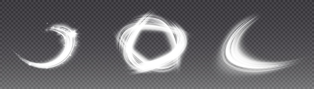 White light effect curved bright line. Set of abstract curved half lights. Vector PNG