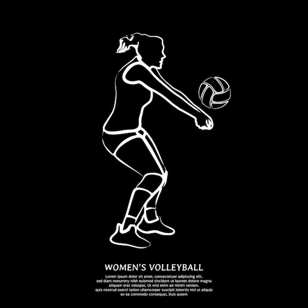 White line art of female volleyball player isolated on black background. Vector illustration