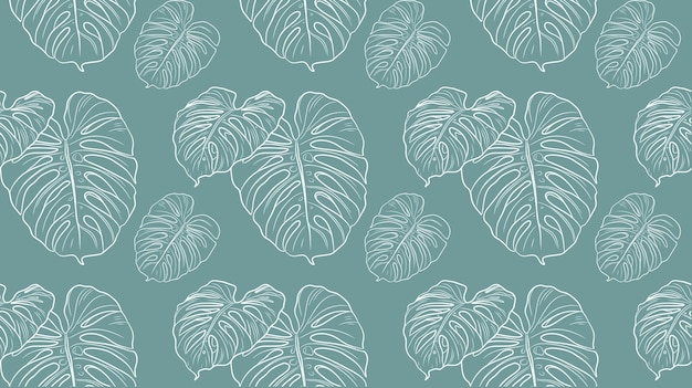 Vector white line art of monstera leaves overlapping a cool teal background creates a refreshing tropical p