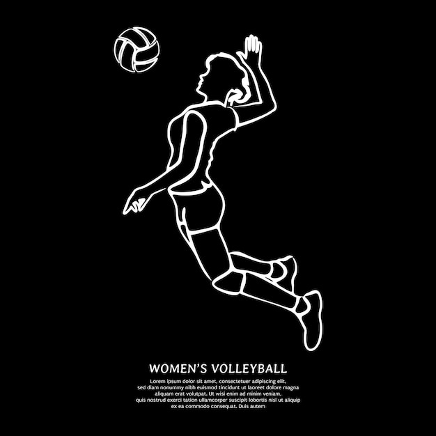 White line drawing of female volleyball player jumping isolated on black background