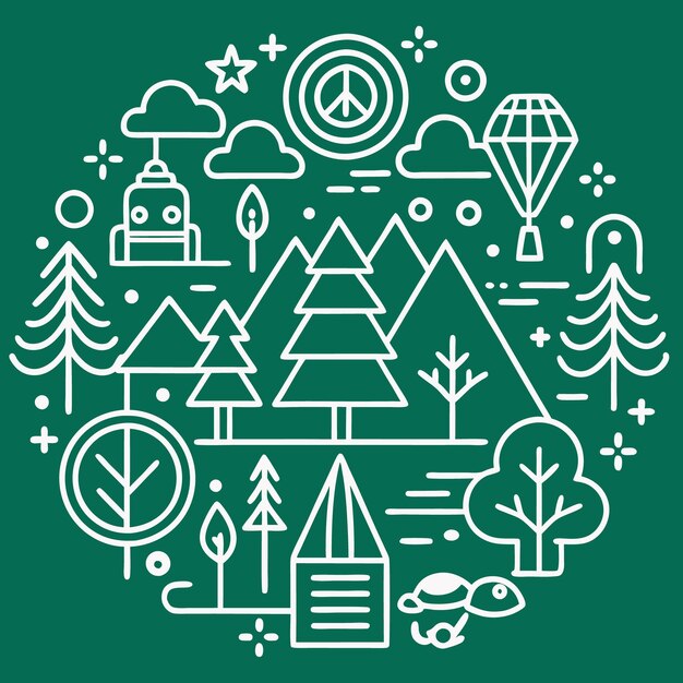 Vector white line drawing illustration of a peace sign robot hot air balloon mountains and trees on a green background