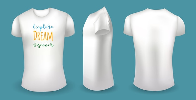 White male t shirt with label front back and side view explore dream discover badge vector