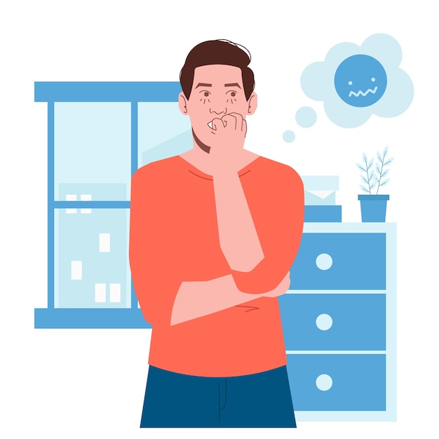 White man scared worried anxious gesture in flat illustration