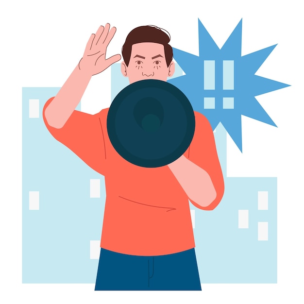 White man shout mega phone protest in flat illustration