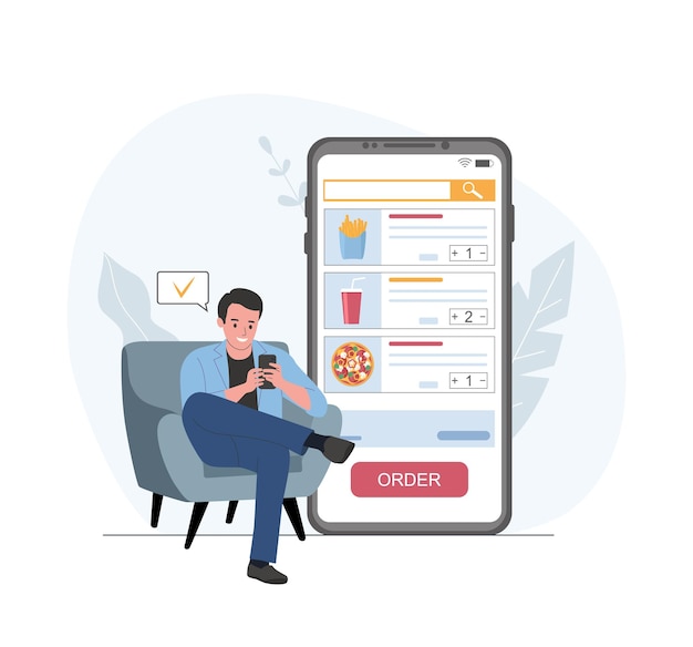 A white men in a home chair orders food through an application on a smartphone Vector illustration