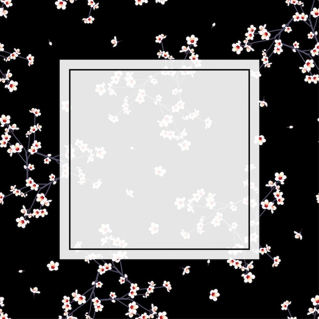 Vector white momo peach flower frame on black background