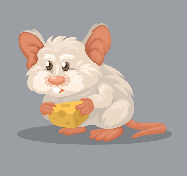 White mouse eating cheese animal character for pet or experiment cartoon illustration vector