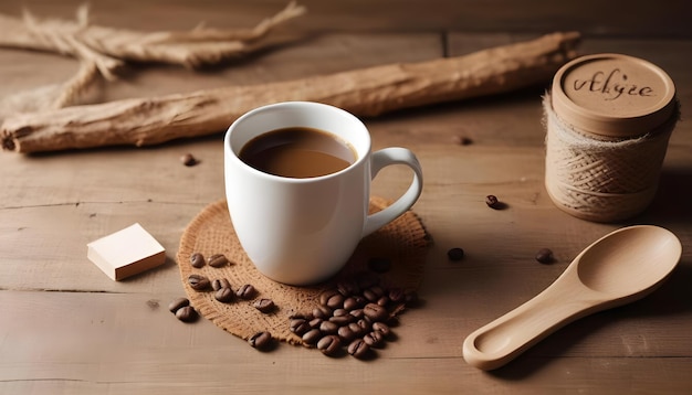 Vector a white mug filled with coffee sits on a wooden table surrounded by coffee beans and other rustic objects