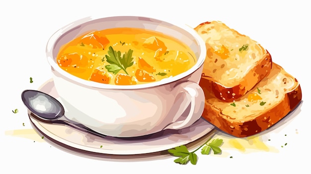 Vector white mug of orange vegetable soup with dry bread croutons