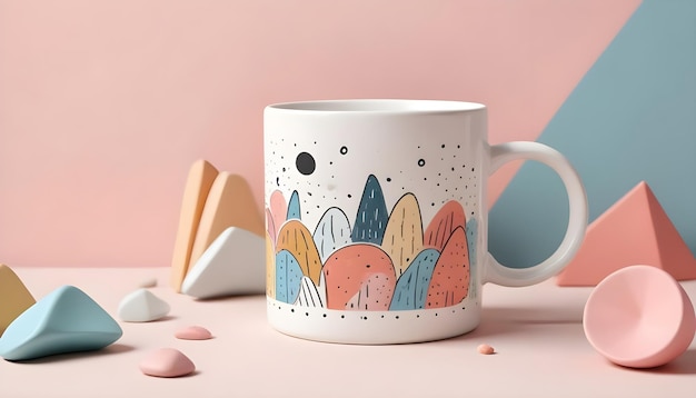 Vector a white mug with a colorful mountain landscape design standing on a pink surface with various colorful geometric shapes scattered around it