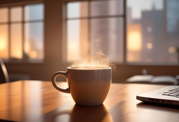 A white mug with steam rising from it sitting on a wooden table in front of a window with a blurred view of a cityscape at sunset A laptop computer is beside the mug