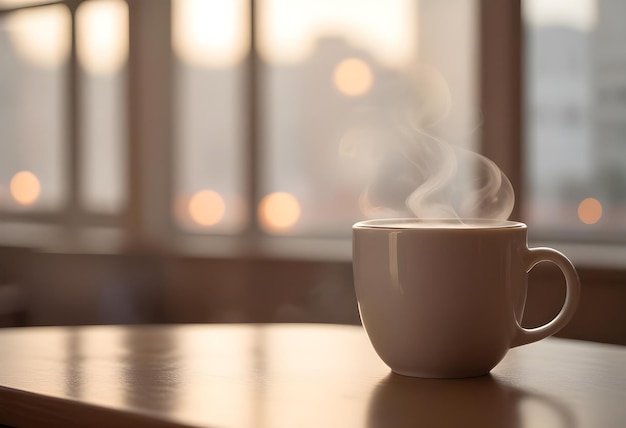 Vector a white mug with steam rising from it sitting on a wooden table in front of a window with a blurred view of a cityscape at sunset