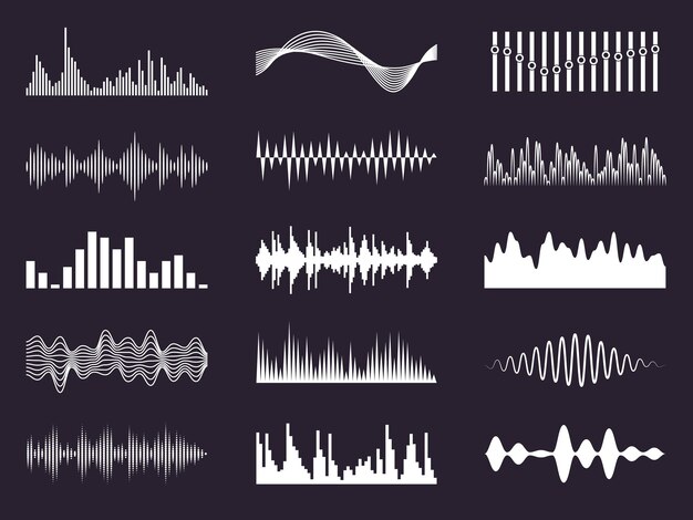 Vector white music waves digital sonic visualization electronic graphic signals sound tracking equalizer audio symbols soundtrack recorder signs melody frequency vector waveforms set