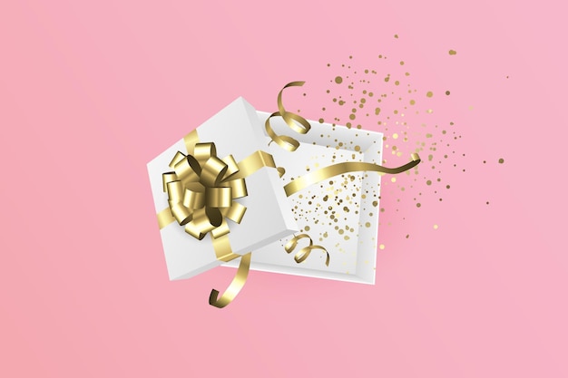 White open gift box with a gold bow Christmas and birthday present collection