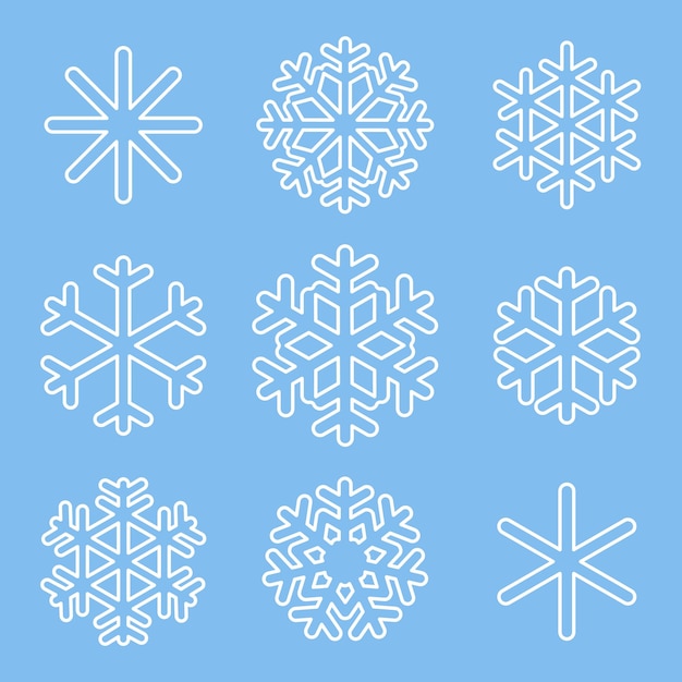 White outline of snowflakes isolated on blue background. Traditional, standard snowflakes.