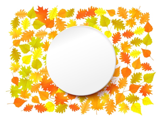 White paper circle with yellow autumn leaves. Vector illustration. Autumn background for design