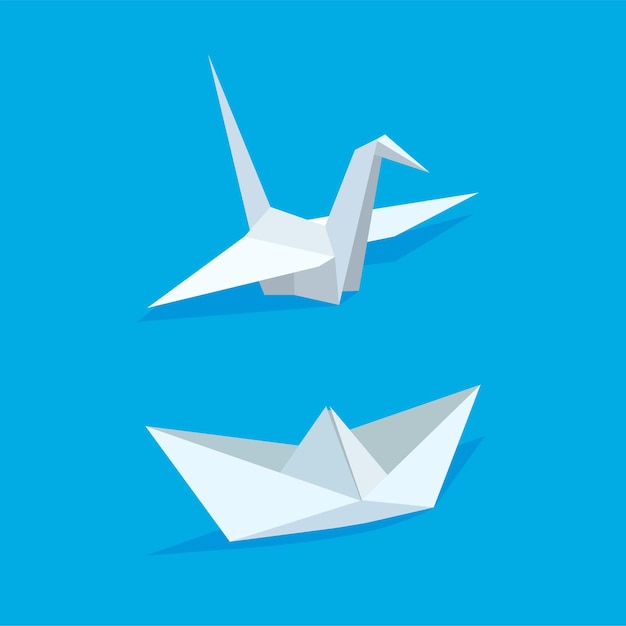 White paper crane and boat with shadow in trendy flat style