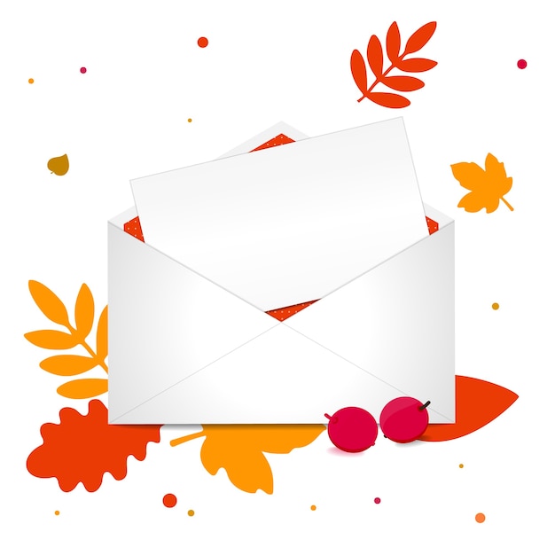 White paper envelope with the letter and autumn leaves.