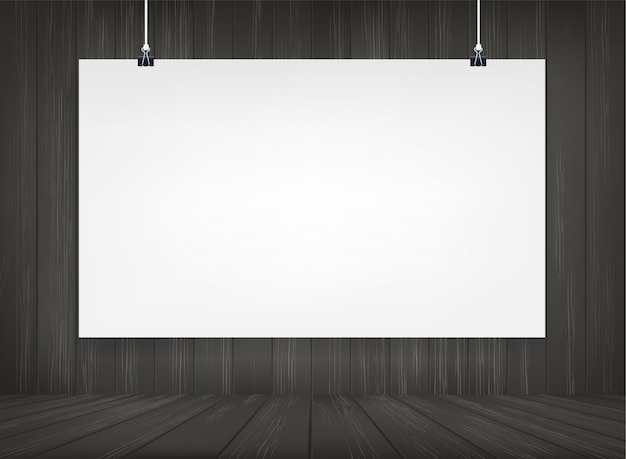 White paper poster hanging with wooden room space background.