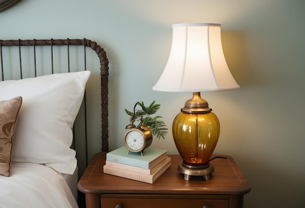 Vector white pillow on head of bed and lamp on bedside table