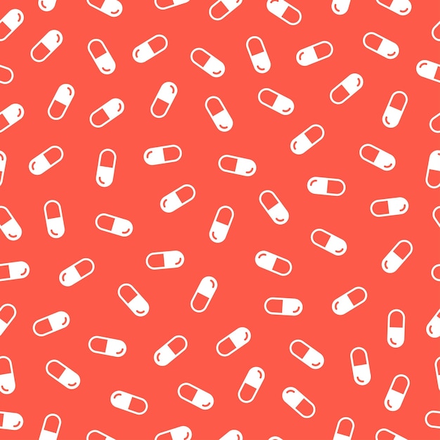 Vector white pills seamless pattern with red background.