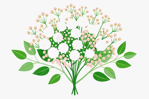 Vector white and pink flowers with green leaves in a bouquet