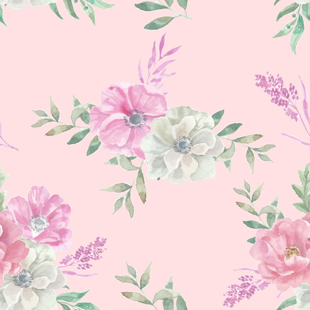 White and Pink hand Painted Anemone Watercolor Flower Seamless Pattern