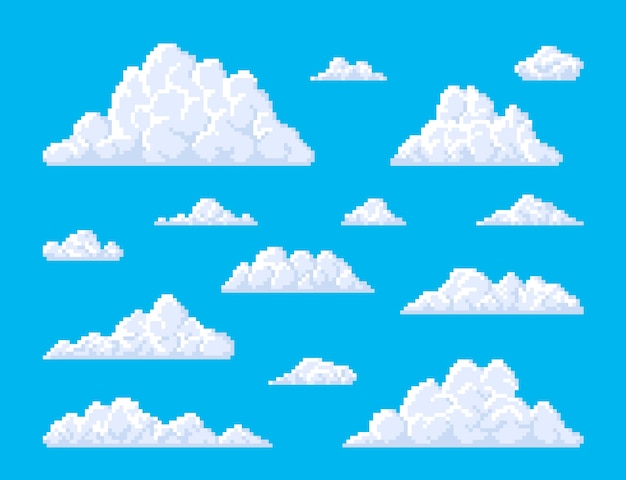 White pixel fluffy bubble clouds on blue sky background Retro game 8bit pixel art icons or eightbit arcade mosaic backdrop with square pixels clouds atmosphere or weather