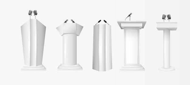 White Podium Tribune Rostrum Stands with Microphones Podium tribune with microphones isolated for business presentation conference Vector illustration