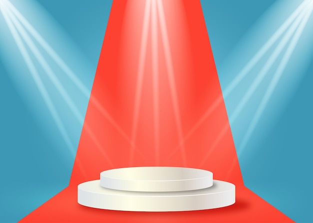 White Podium with red carpet and spotlight on blue background