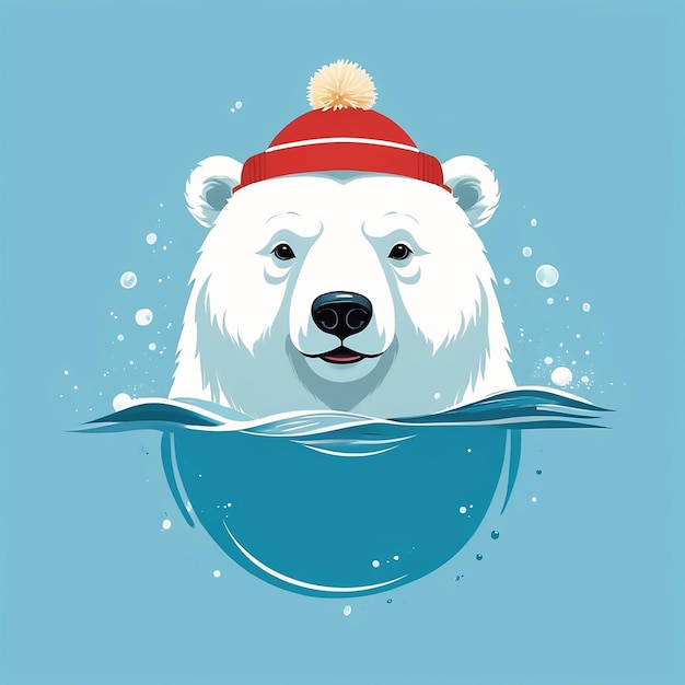 Vector white polar bear swims in the sea bear head in a hat with a pompom cute baby illustration