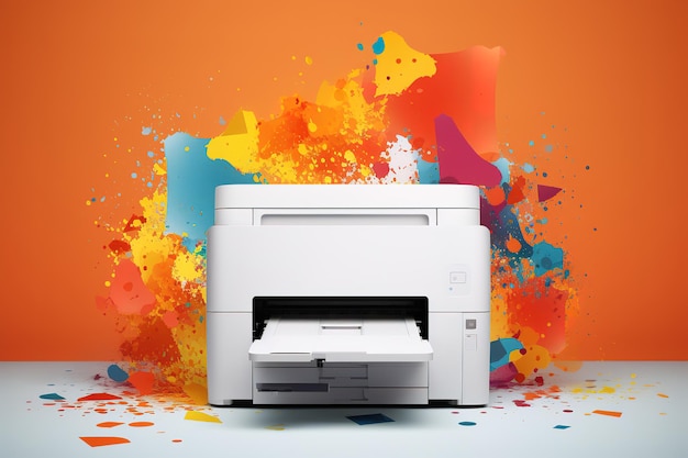 a white printer with a colorful background and a colorful background