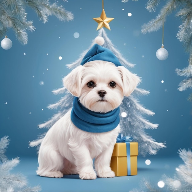 a white puppy with a blue scarf sits next to a christmas tree