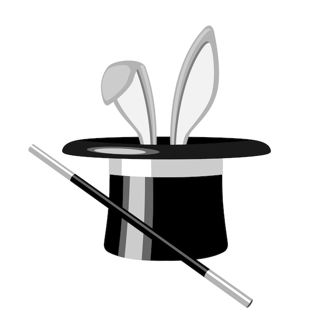 White rabbit ears appear from the magic hat,  on white background.  illustration