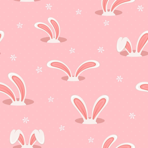 White rabbit heads with ears in the hole on a pink background. Seamless holiday pattern with bunny, illustration.