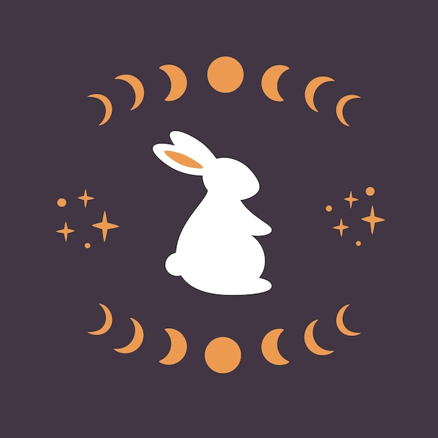 White rabbit with astrological, esoteric elements. Moon phases, stars, magic. Year of the Rabbit