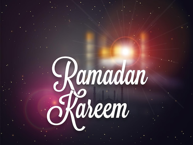 White Ramadan Kareem Font With Blurred Shiny Mosque Black Background