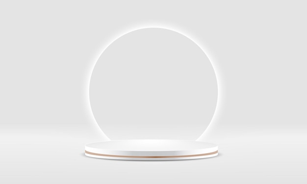 White realistic 3d cylinder pedestal podium with circle rounded neon light backdrop Abstract vector rendering geometric platform Product display presentation Minimal scene