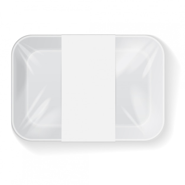 White Rectangle Blank Styrofoam Plastic Food Tray Container With Label.