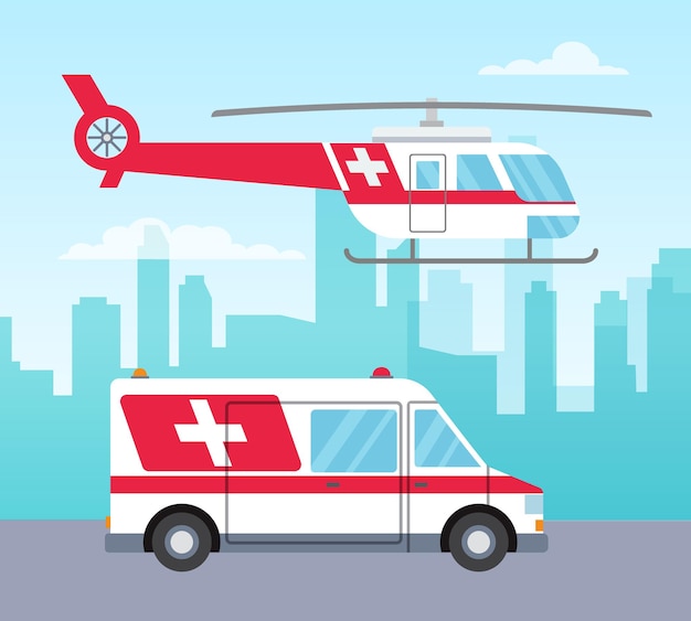 White and red ambulance helicopter and car medical services concept transport vector illustration