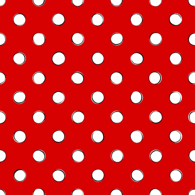 White retro polka dots with black outline on a red background. Seamless pattern