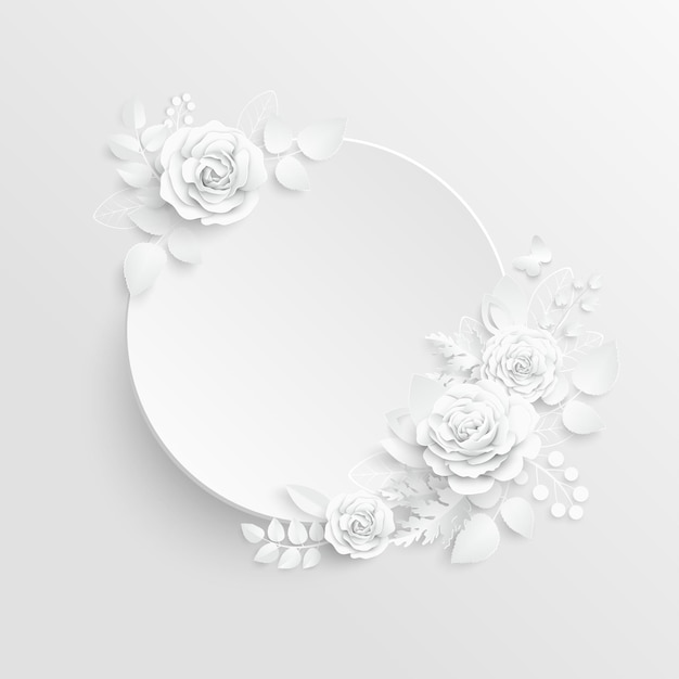 White rose Round frame with abstract cut flowers Vector illustration