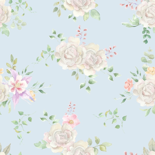 White Rose Watercolor Flower Seamless Pattern