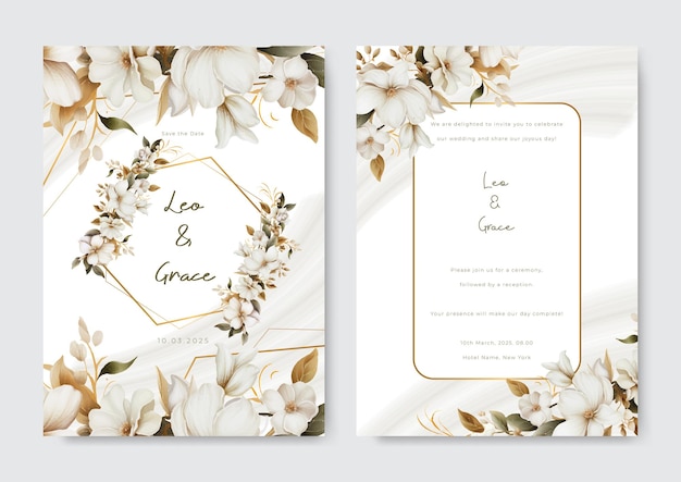 white roses and gold frame wedding invitation template with gray watercolor texture