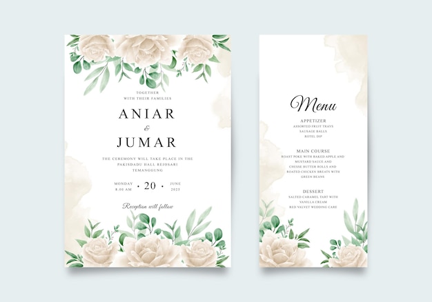 White roses and watercolor green leaves set for wedding invitation and wedding menu