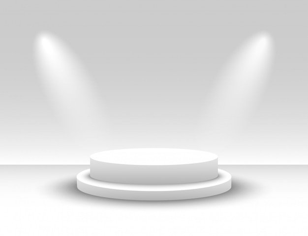 White Round Podium. White Round Pedestal. Winner podium illuminated by spotlights. Scene. Vector