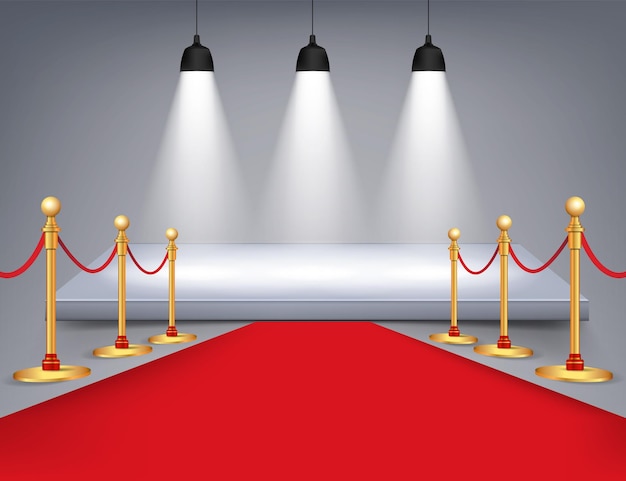 White round podium with red carpet and lights isolated on background Vector illustration